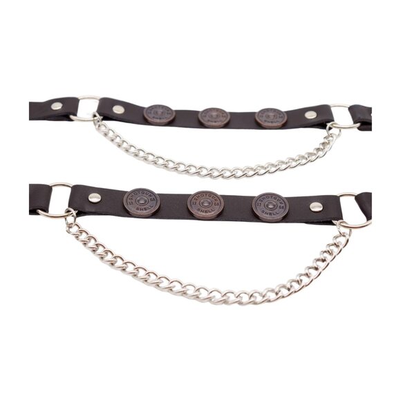 NEW Men Biker Boot Silver Chain Faux Leather 2 Straps Shotgun Bullet Shell Charm - Picture 2 of 16
